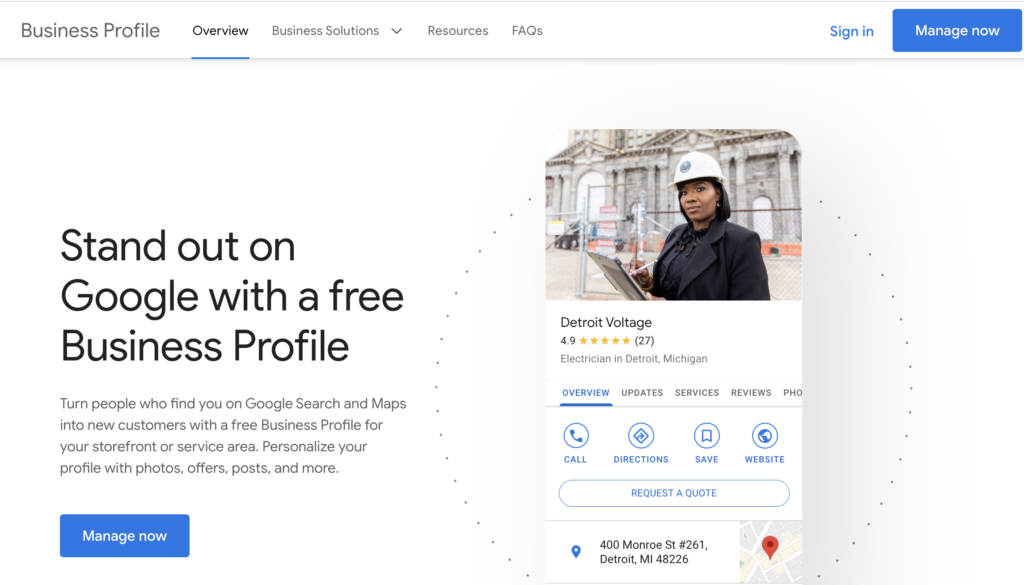 Image of landing page to manage your business profile in Google, including buttons to sign in. 